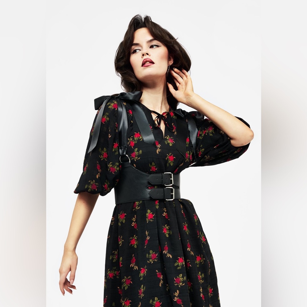 Disturbia Black Midi Dress with Red Floral Print